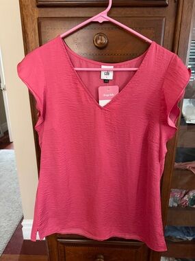 CAbi Bright Pink V-Neck Flutter Sleeve Blouse Small NWT